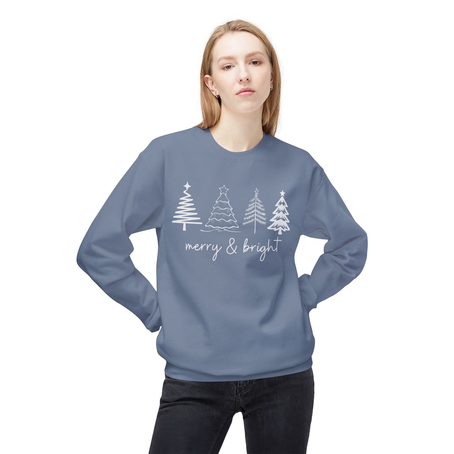 Merry & Bright Christmas Trees Sweatshirt, Christmas Sweatshirt, Unisex Holiday Sweater, Midweight Softstyle Fleece Crewneck Sweatshirt