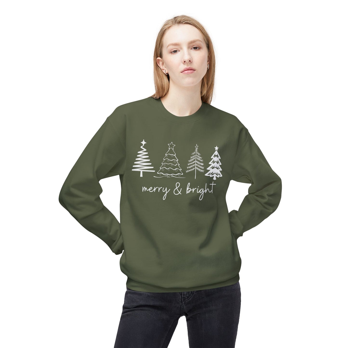 Merry & Bright Christmas Trees Sweatshirt, Christmas Sweatshirt, Unisex Holiday Sweater, Midweight Softstyle Fleece Crewneck Sweatshirt