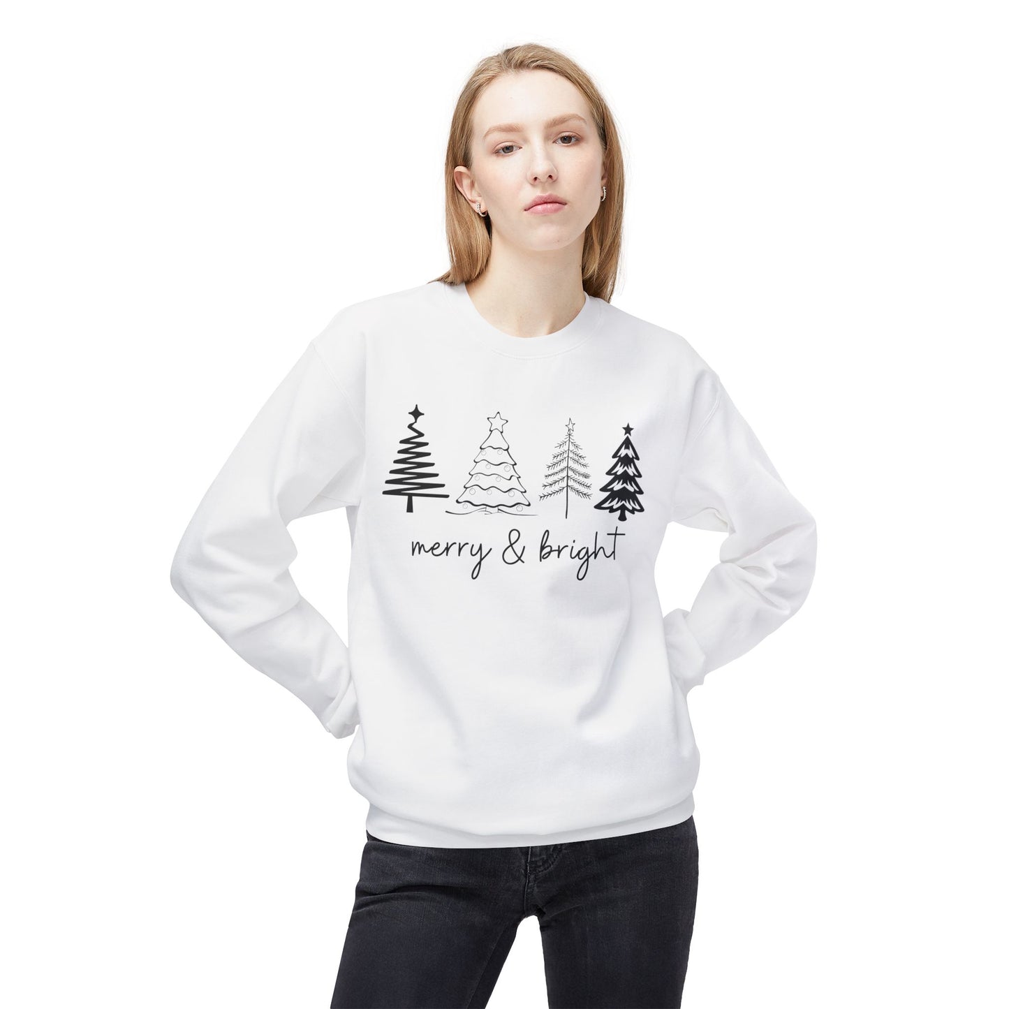 Merry & Bright Christmas Trees Sweatshirt, Christmas Sweatshirt, Unisex Holiday Sweater, Midweight Softstyle Fleece Crewneck Sweatshirt